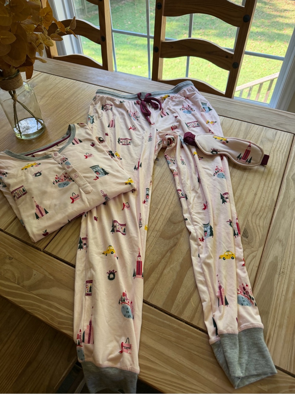 kate spade Pink Castle & City Print Girls Pajama Set with Eye Mask